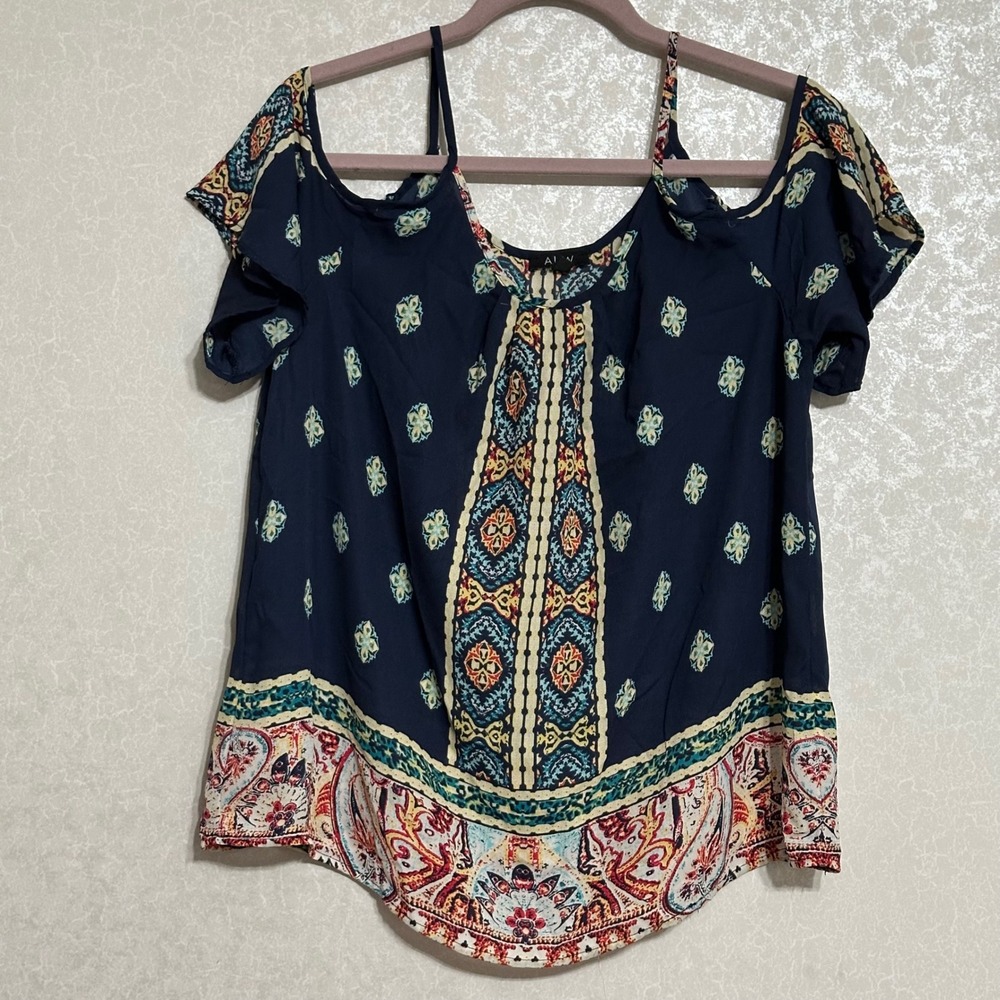 A.U.W Cold Shoulder Top Paisley Geometric Boho Navy Blue Lightweight Bohemian L